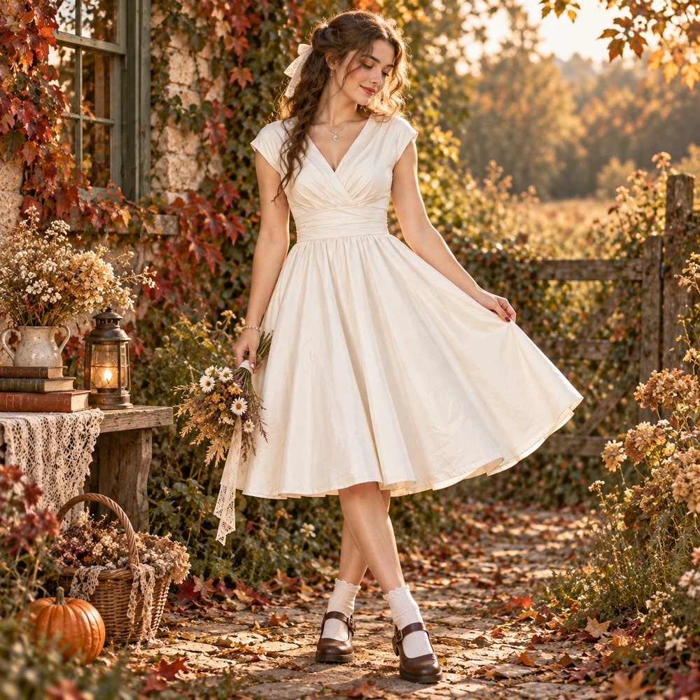 Retrolicious Cream Satin Swing Dress V-Neck Rockabilly Pinup Fit & Flare M USA